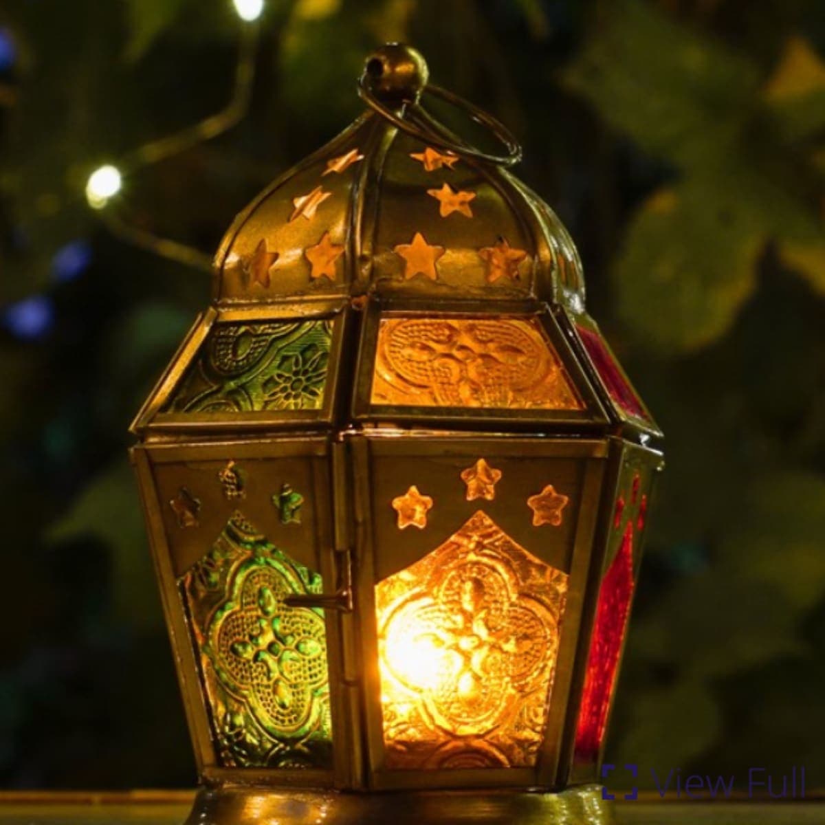 Glass Lantern - Red, Yellow, and Green Medium Hex - Image 1